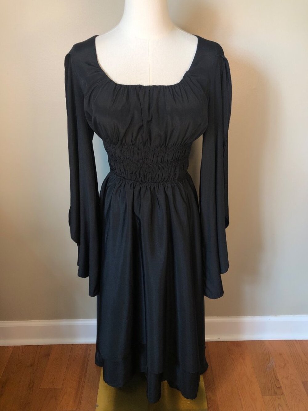 Scarlett Darkness Smocked Empire Waist Black Midi Dress Size S Witchy Minimalist